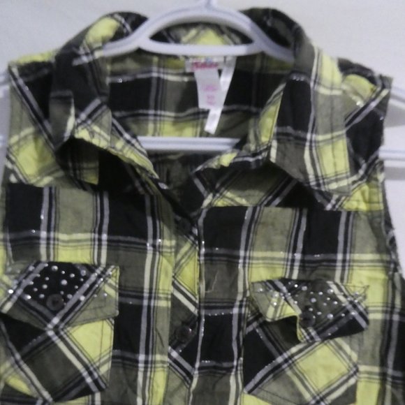 JUSTICE | size 20 | button down plaid tank | tie waist | silver rhinestones - Picture 3 of 15